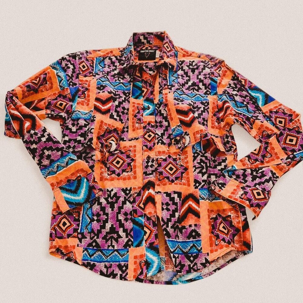 Vintage Frontier Series retro Geometric Western Button Shirt 80s Cowgirl small